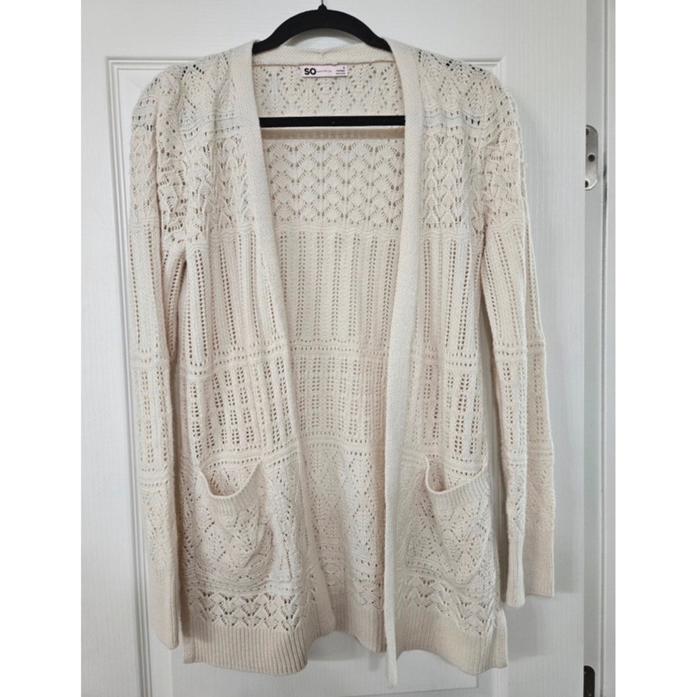 SO Goods For Life Ivory Pointelle Crochet Knit Open Front Cardigan Sweater Small